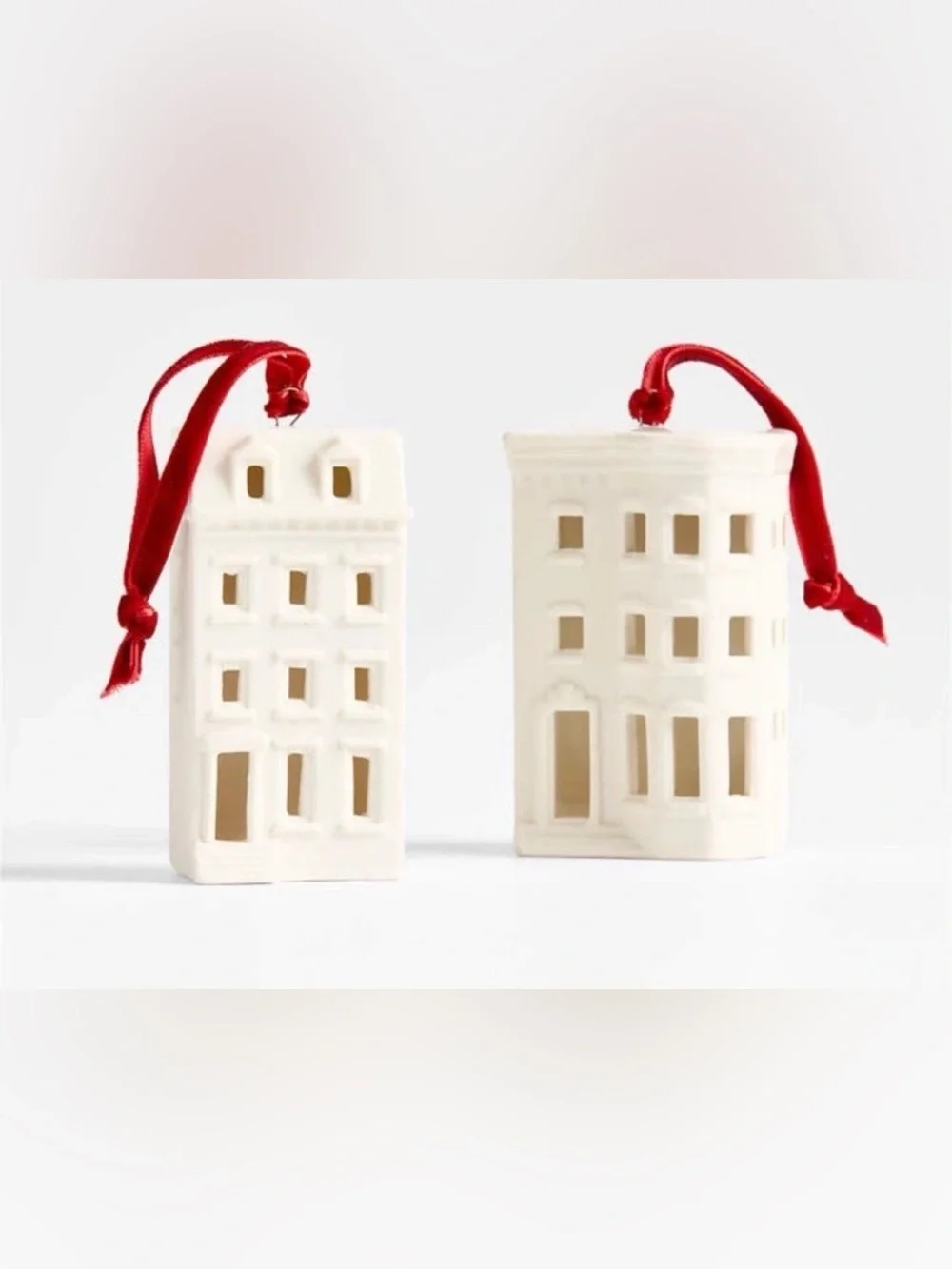 Crate and Barrel Ceramic White Brownstone Christmas Ornament